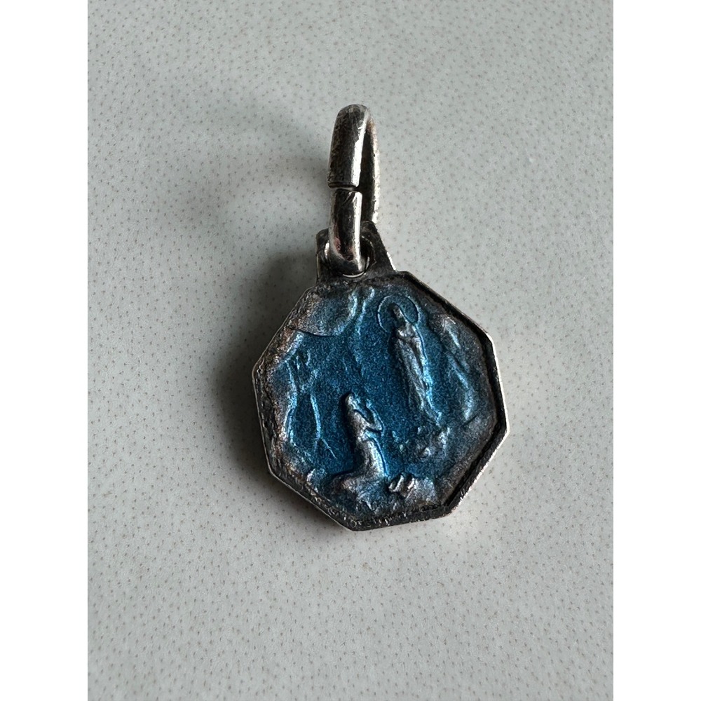 Vintage Blue Enamel Virgin Mary Lourdes Octagon Religious Medal Pendant 0.42g